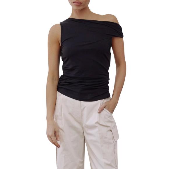 NEW MOD REF asymmetrical twist shoulder top in black - Picture 1 of 6